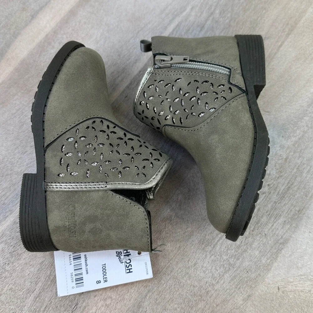 OshKosh B'gosh Estell Toddler Girls Taupe Glitter Floral Ankle Boots Size 8M